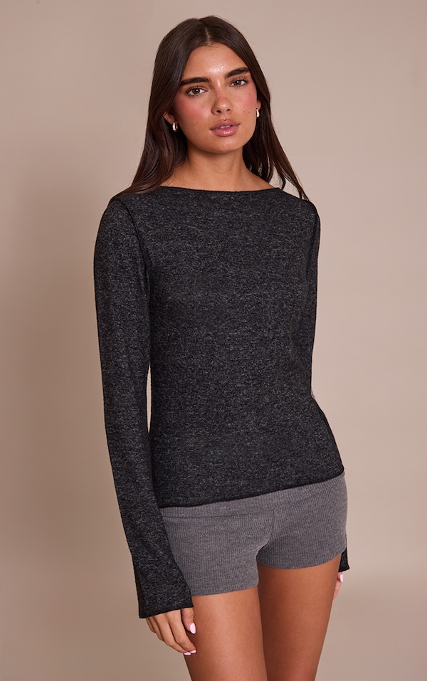 Charcoal Soft Knit Straight Neck Long Sleeve Top 