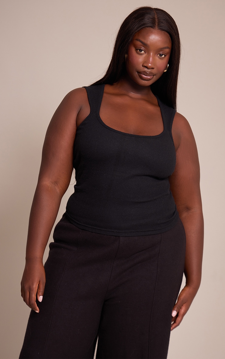 Plus Black Soft Touch Rib Square Neck Top image 1