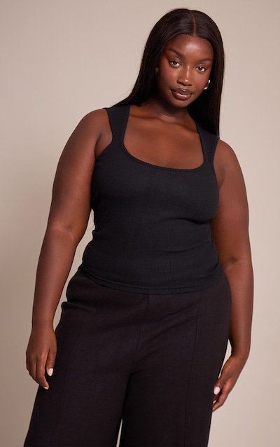 Plus Black Soft Touch Rib Square Neck Top