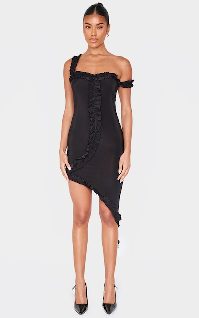 Black Double Layer Slinky Frill Hem Asymmetric Midi Dress