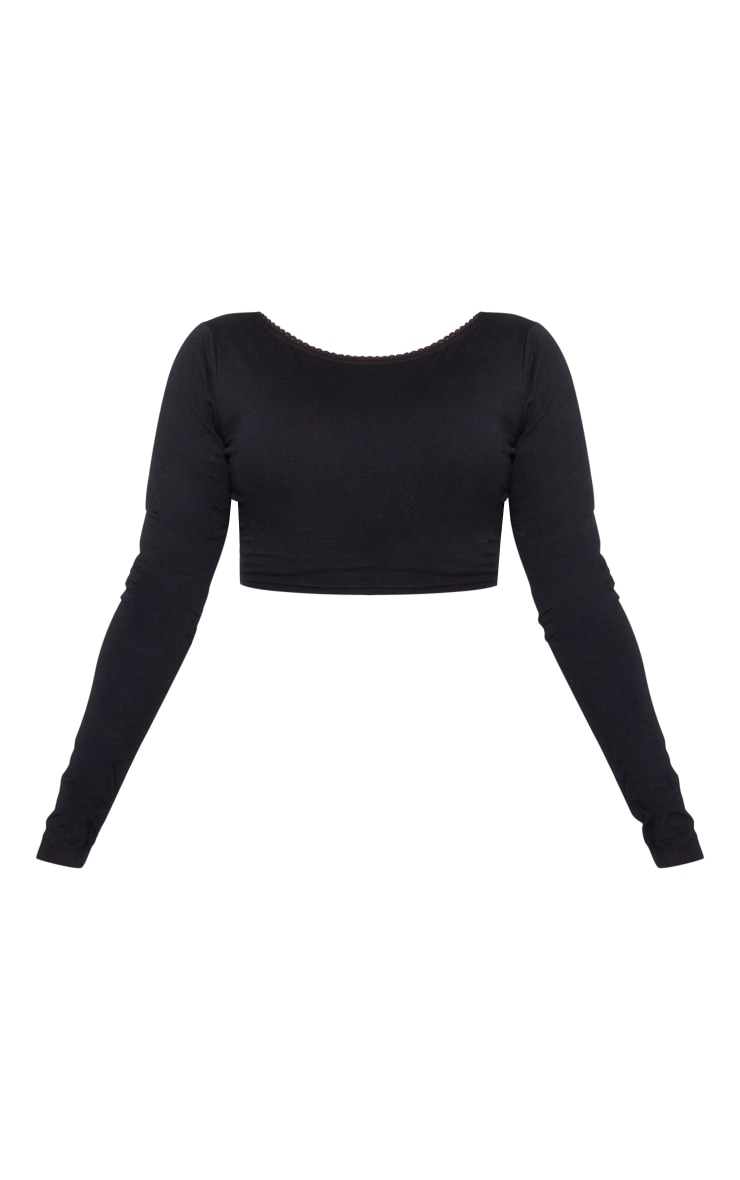 Black Cotton Trim Detail Open Back Crop Top image 4