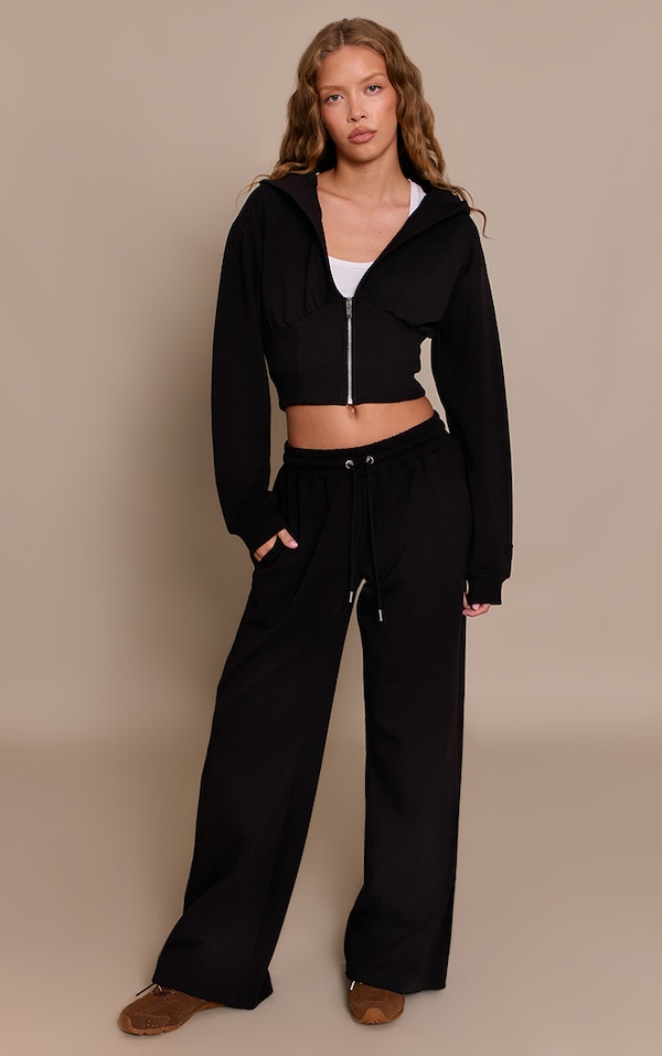 Black Embroidered Interlock Rib Panel Wide Leg Track Pants