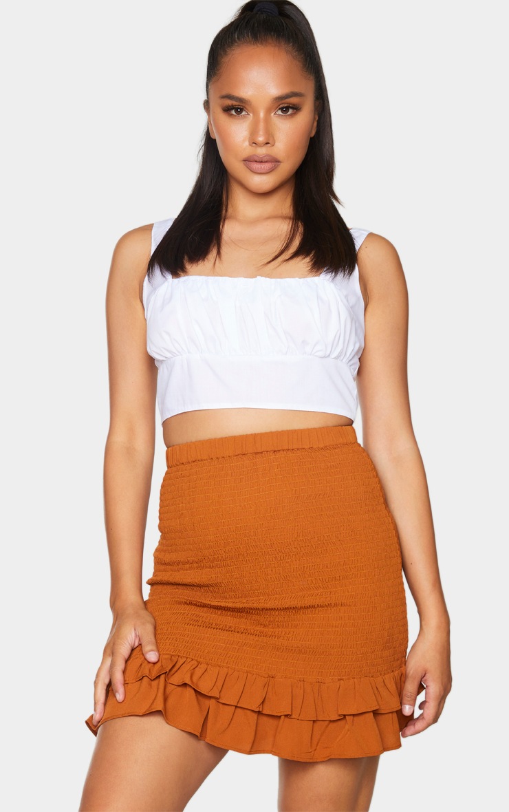 Rust Woven Shirred Frill Hem Mini Skirt