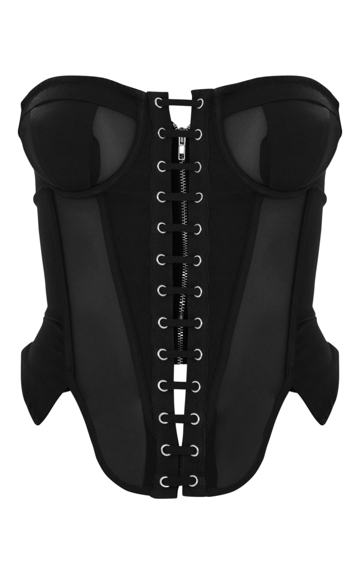 Black Mesh Panel Lace Up Corset Top Tops PrettyLittleThing KSA