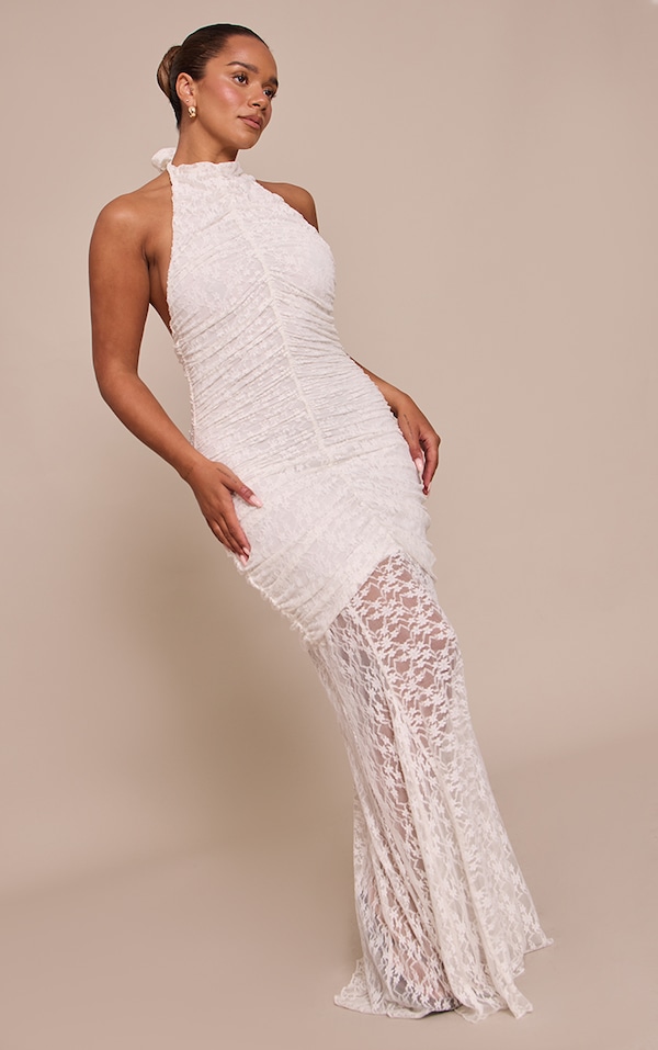 Shape White Lace Ruched High Neck Dropped Hem Maxi Dress