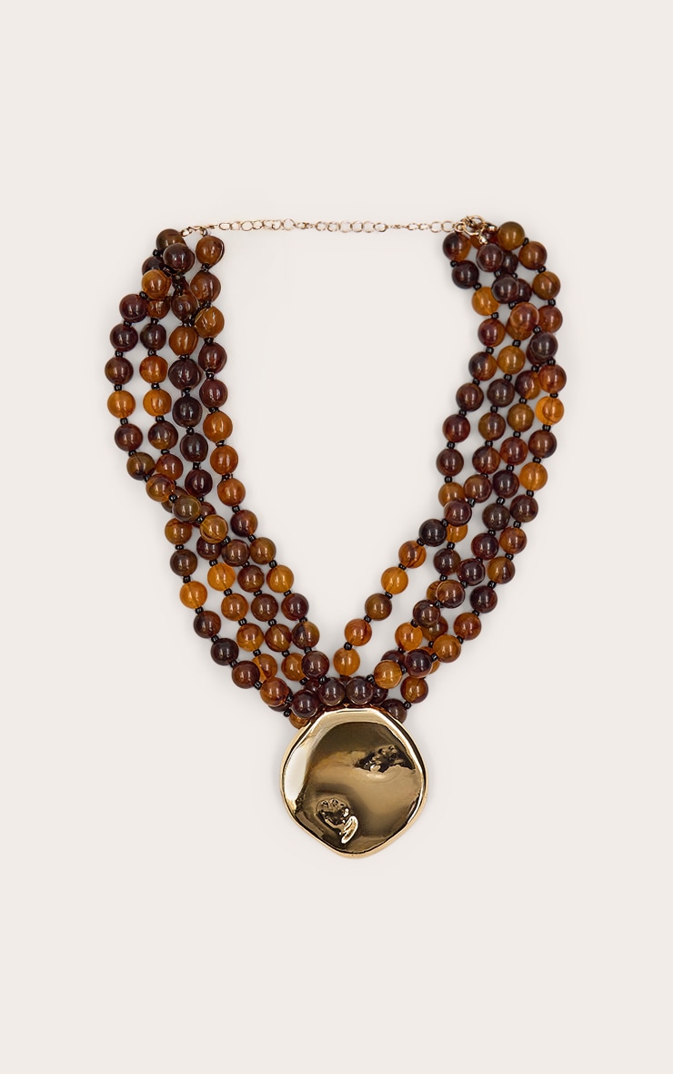 Smokey Brown Resin Gold Textured Pendant Necklace image 2