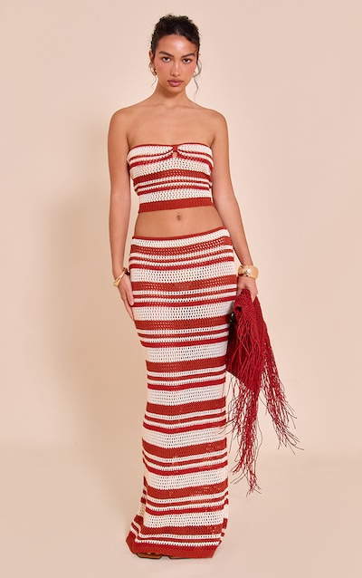 Rust Stripe Crochet Knitted Maxi Skirt