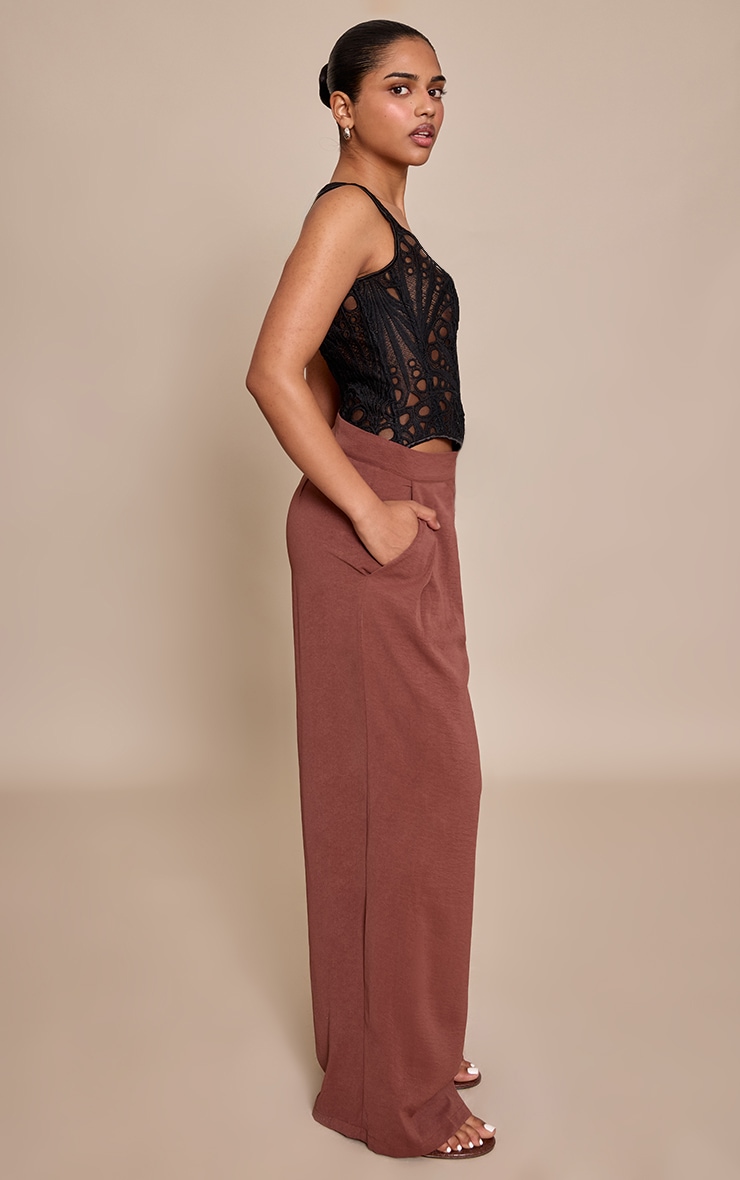 Petite Deep Chocolate Floaty Woven Double Pleat Wide Leg Pants image 2