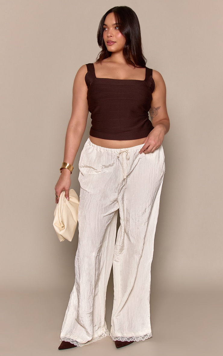 Plus Cream Textured Satin Lace Trim Trousers