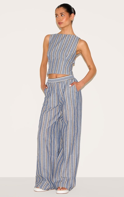 Pantalon Effet Lin Bleu Rayé Large