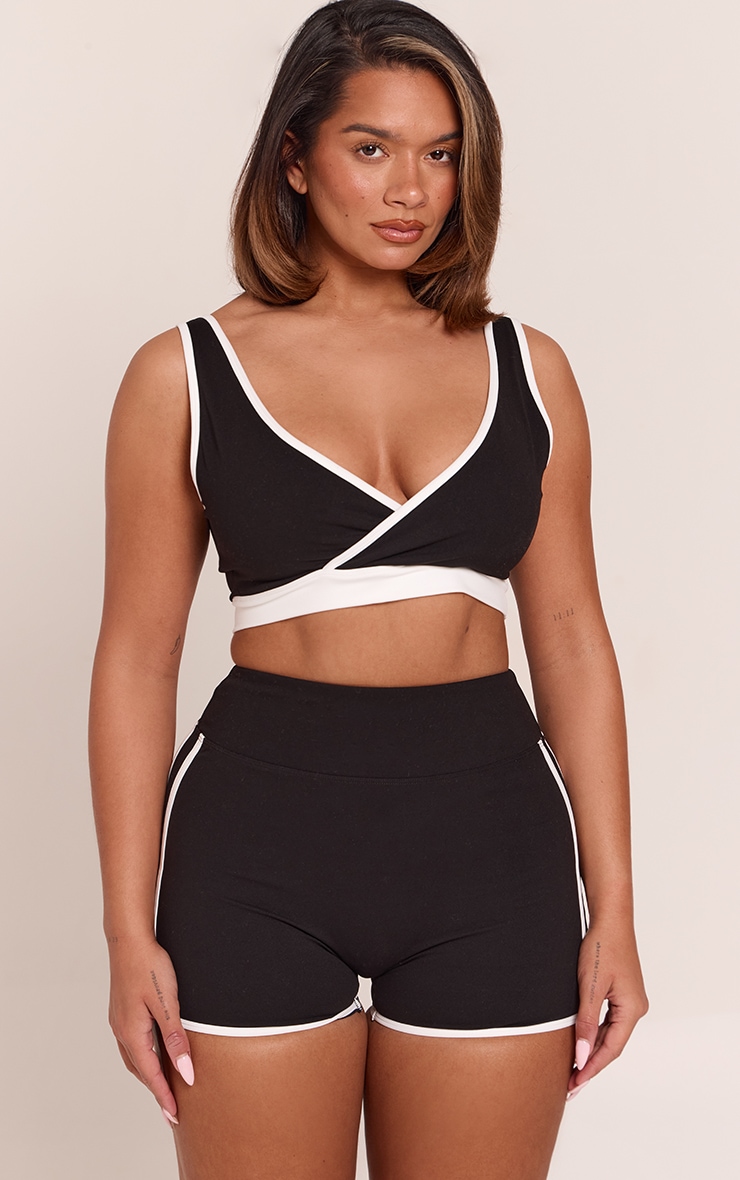 Shape Black Built In Bra Sculpt Contrast V-Neck Sports Bra image 1