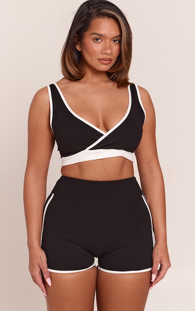 Shape Black Built In Bra Sculpt Contrast V-Neck Sports Bra