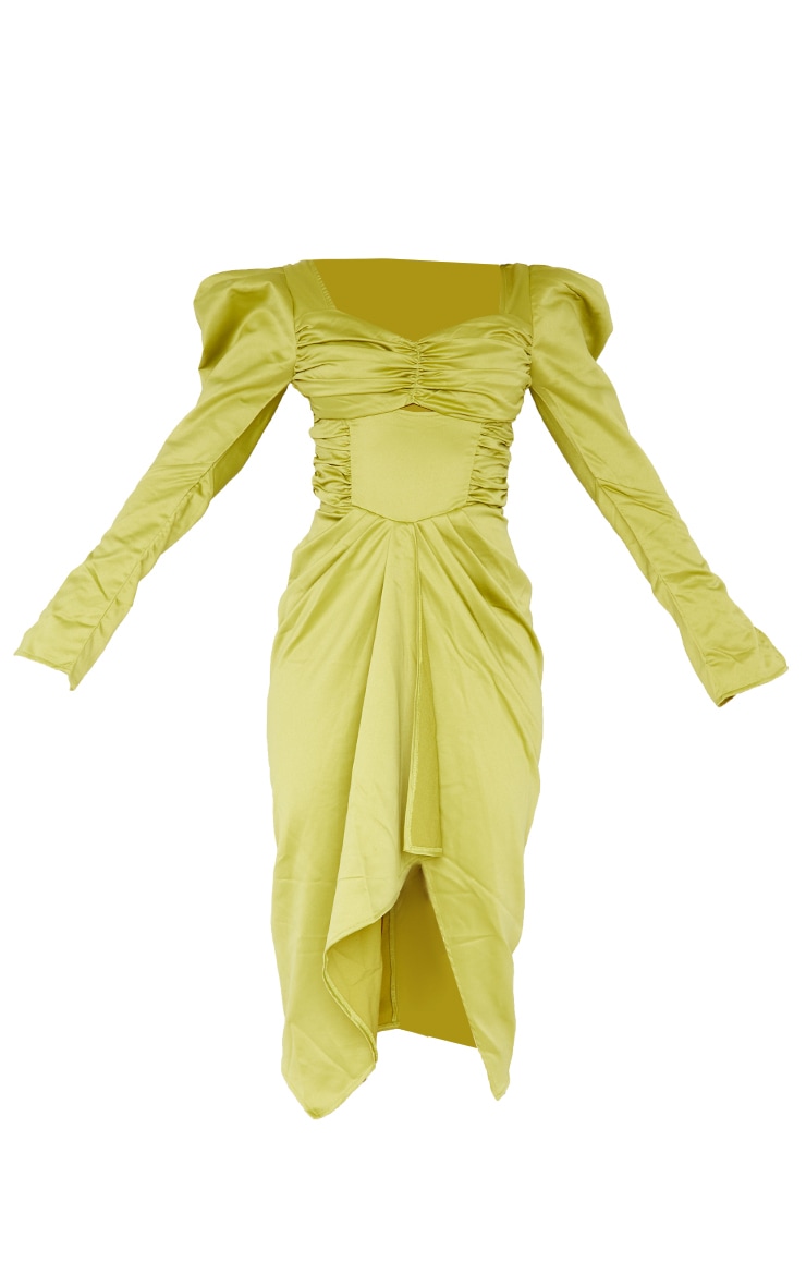 Chartreuse Satin Ruched Detail Puff Sleeve Draped Midi Dress image 3