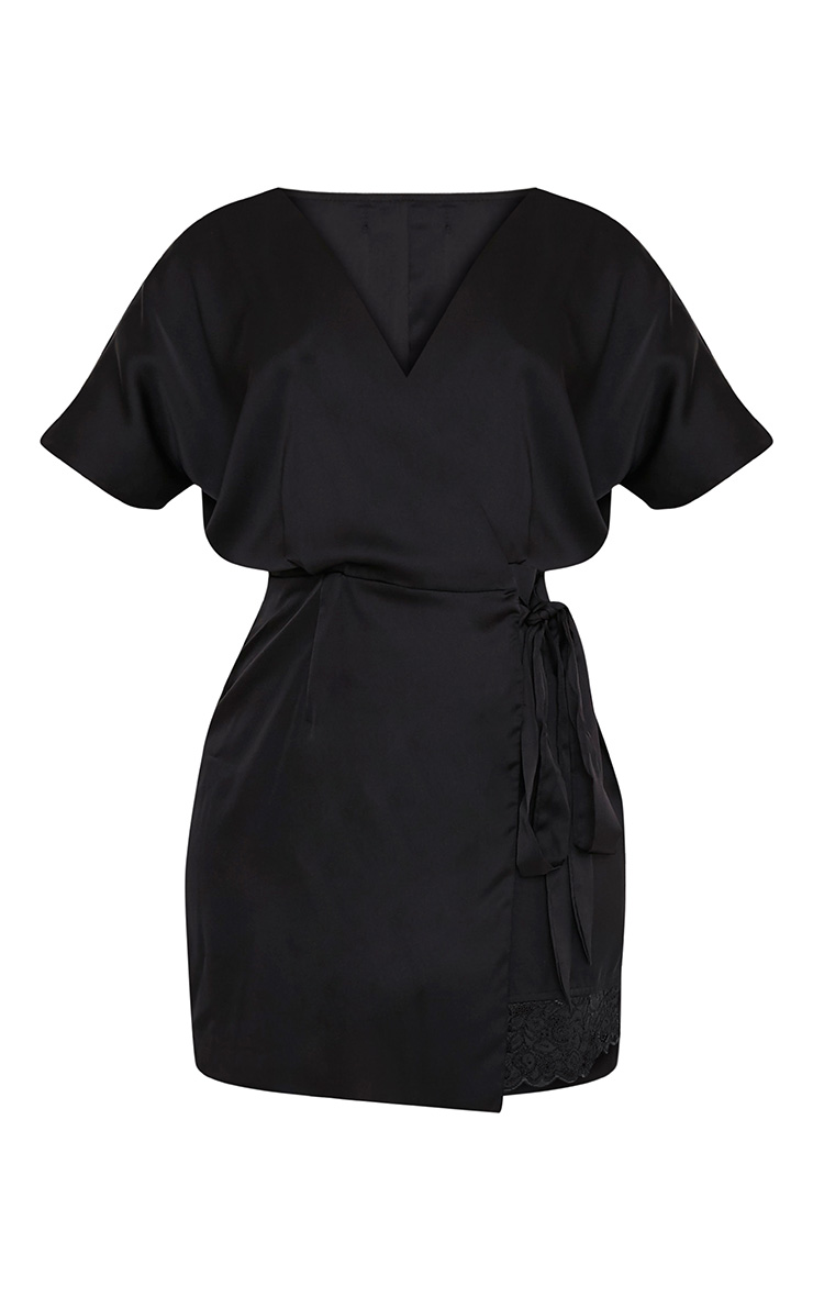 Sereene Black Silky Lace Trim Kimono Dress PrettyLittleThing