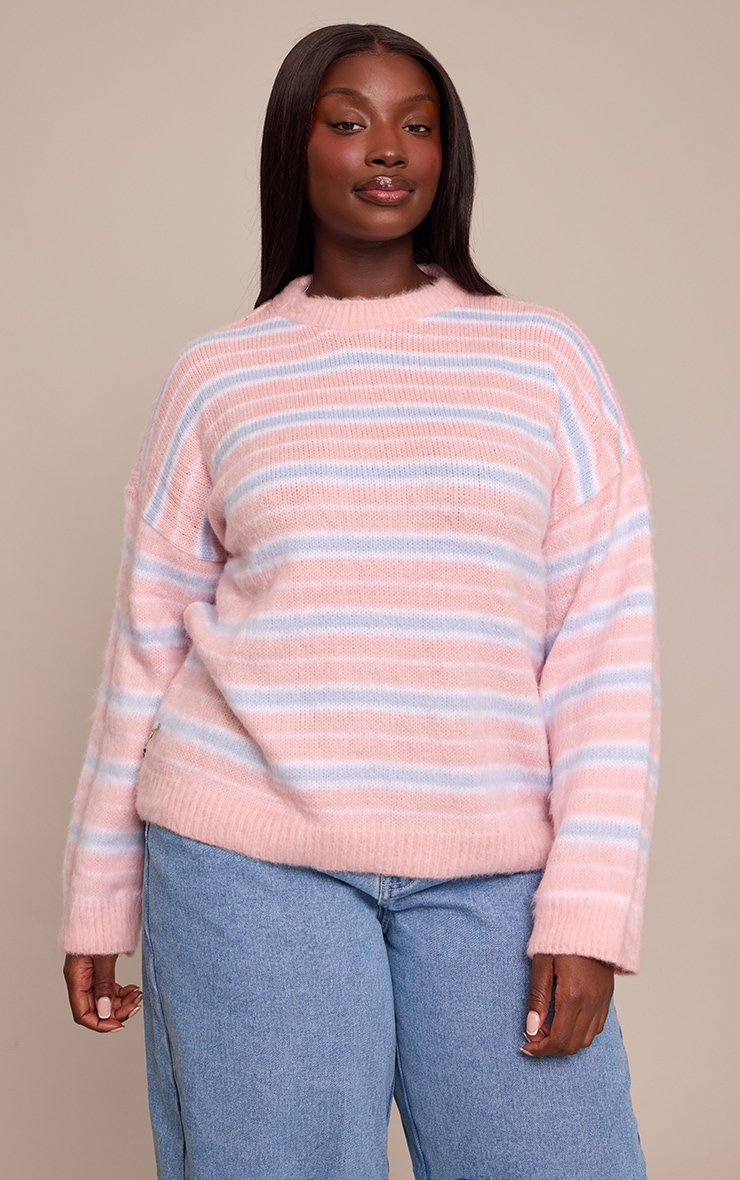 Plus Pink Striped Brushed Knit Jumper image 1