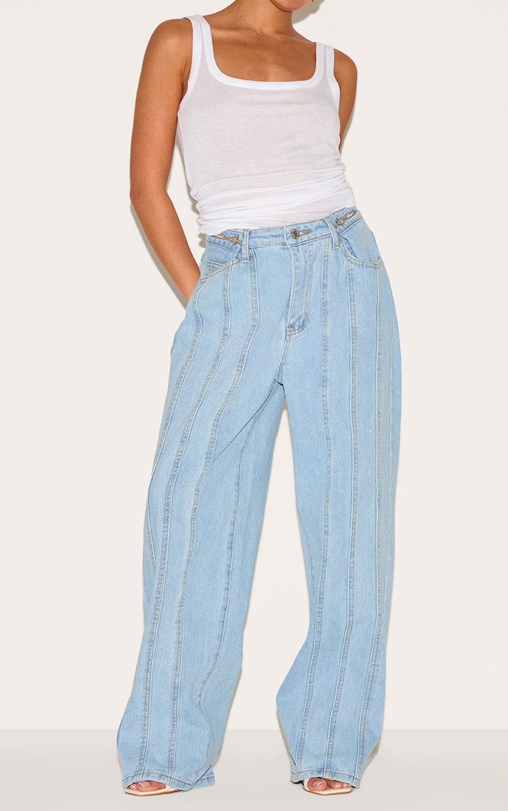 Petite Light Blue Denim Seam Detail Jeans With Adjustable Straps image 2
