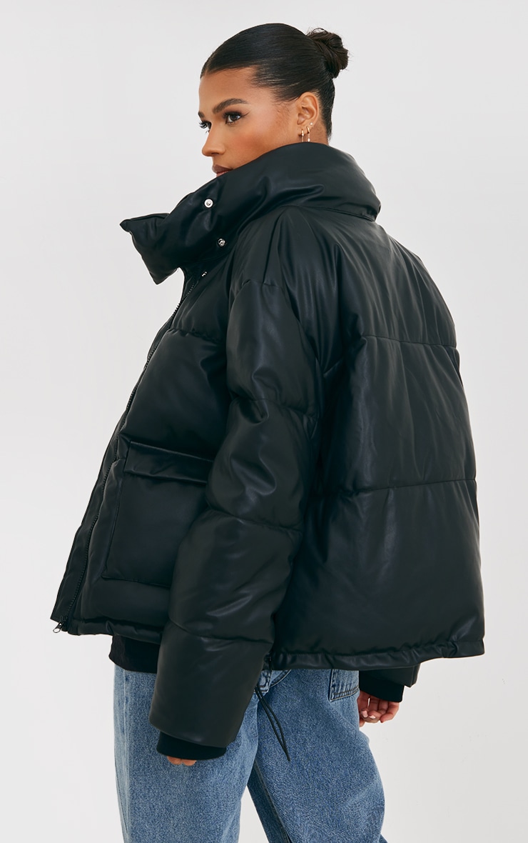 Black Pocket Front Faux Leather Oversized Puffer Coat image 2