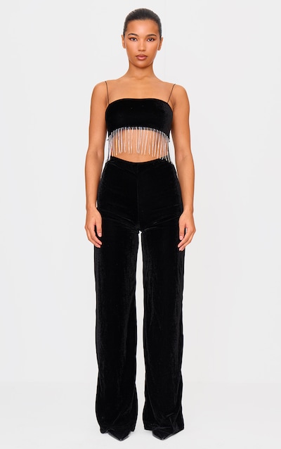 Black Velvet Diamante Tassel Cut Out Strappy Jumpsuit