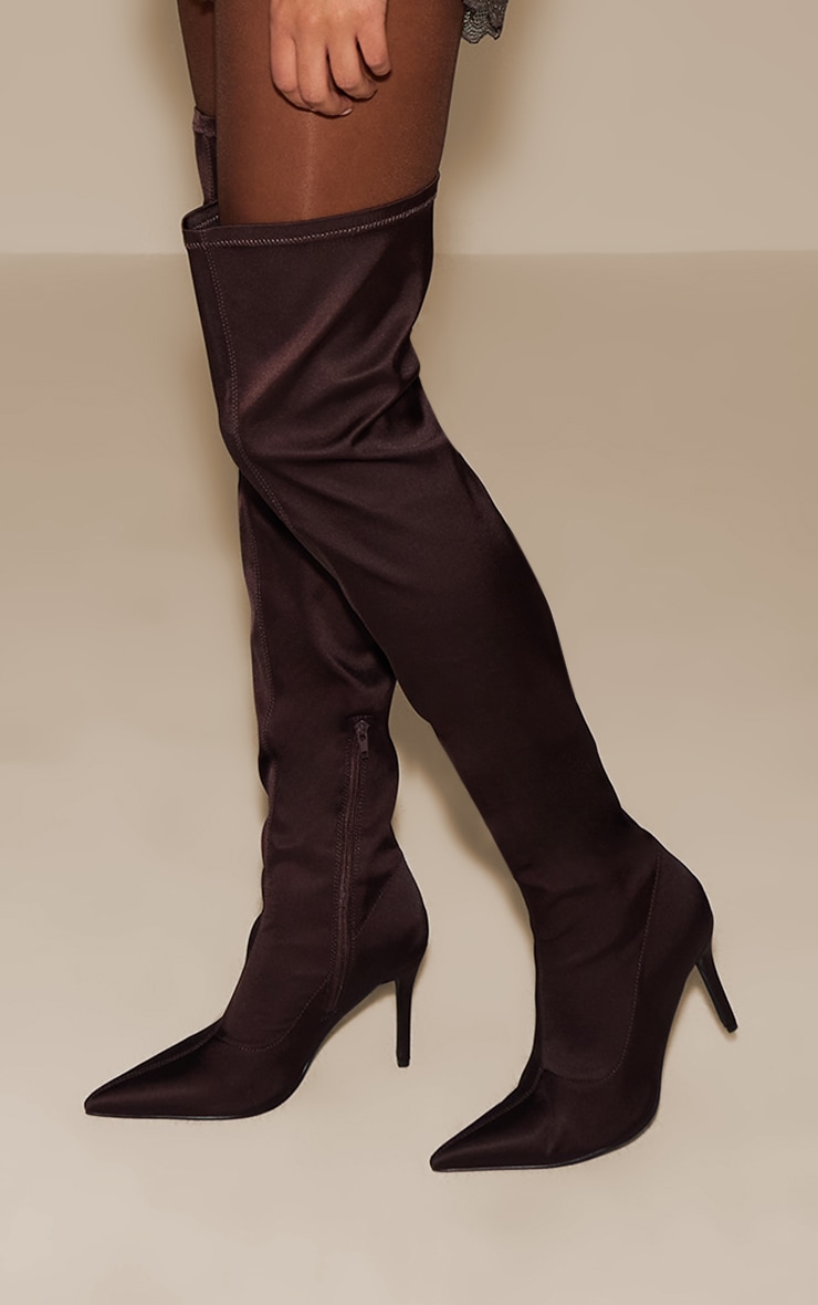Chocolate Satin Point Toe Over The Knee Stiletto Boot image 3