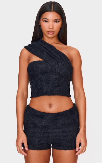 Black Fluffy Textured One Shoulder Top