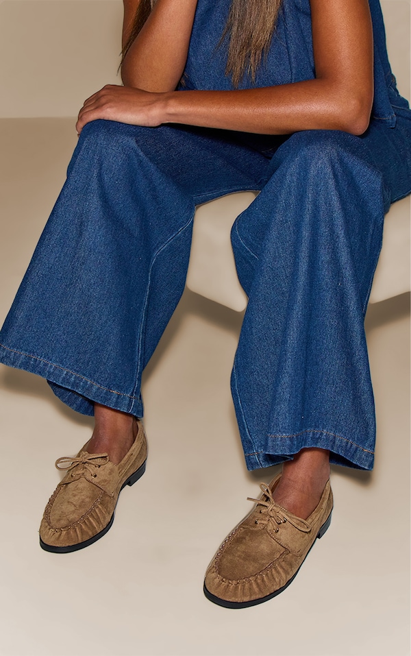 Taupe Faux Suede Ruched Lace Up Loafer