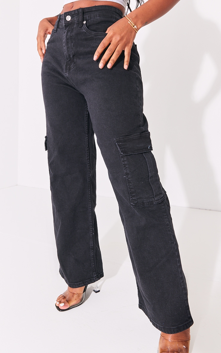 PRETTYLITTLETHING Shape Washed Black Cargo Wide Leg Jeans image 4