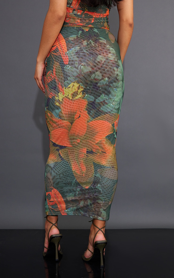 Multi Floral Print Mesh Low Rise Midi Skirt image 3