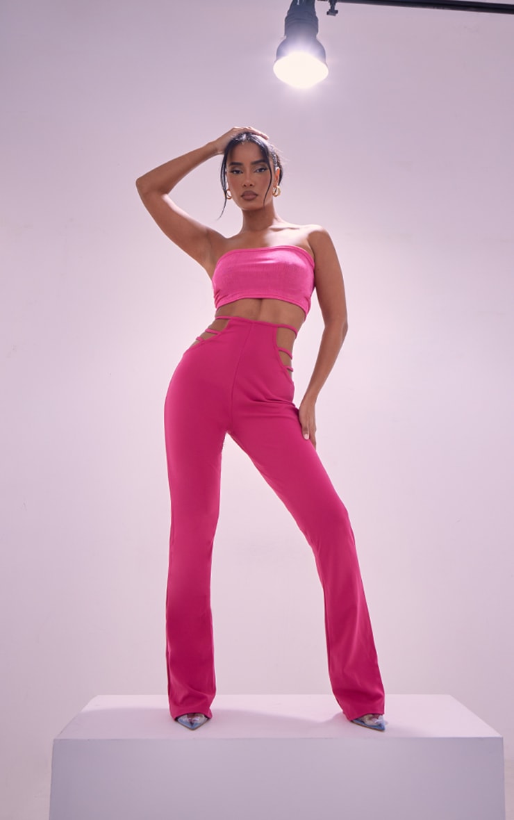 Hot Pink Cut Out Detail Flared Trousers