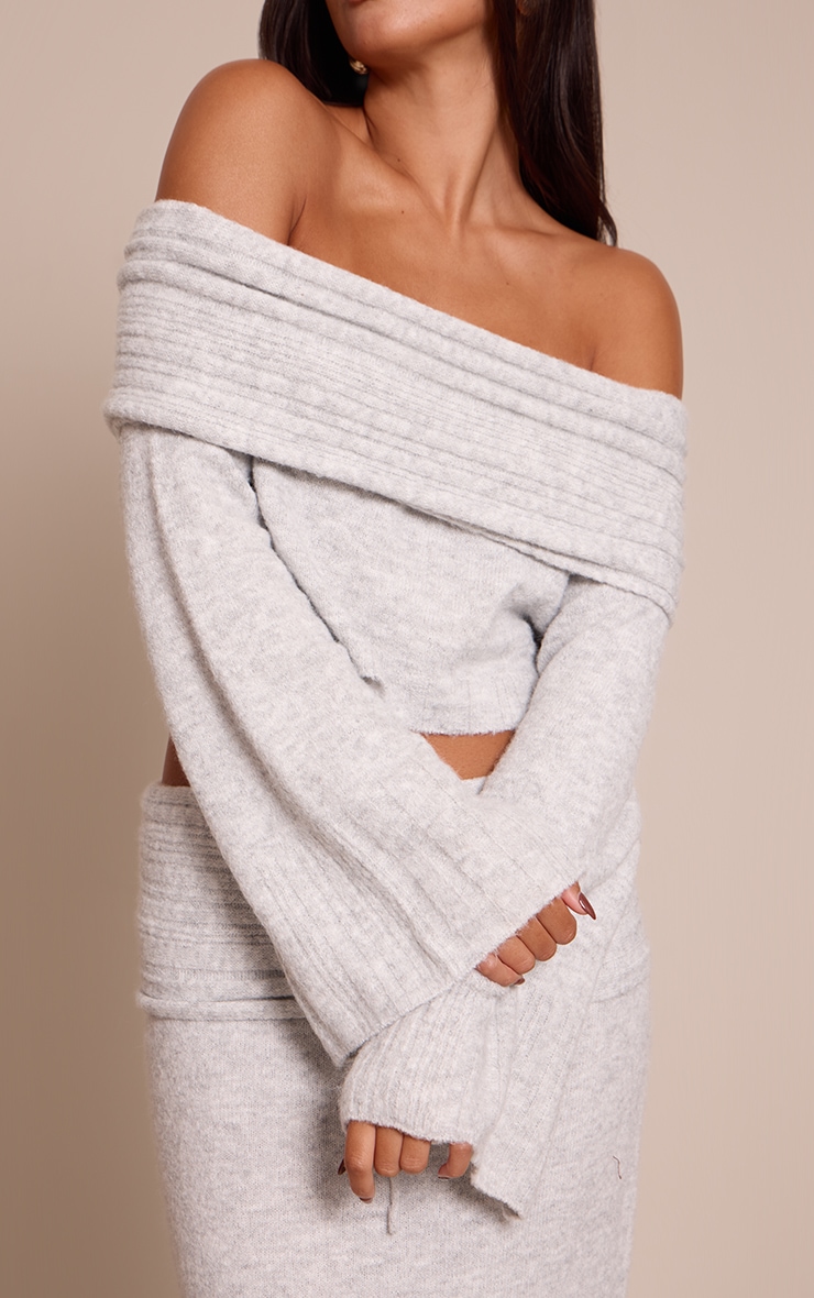Light Grey Rib Soft Knit Bardot Top image 4