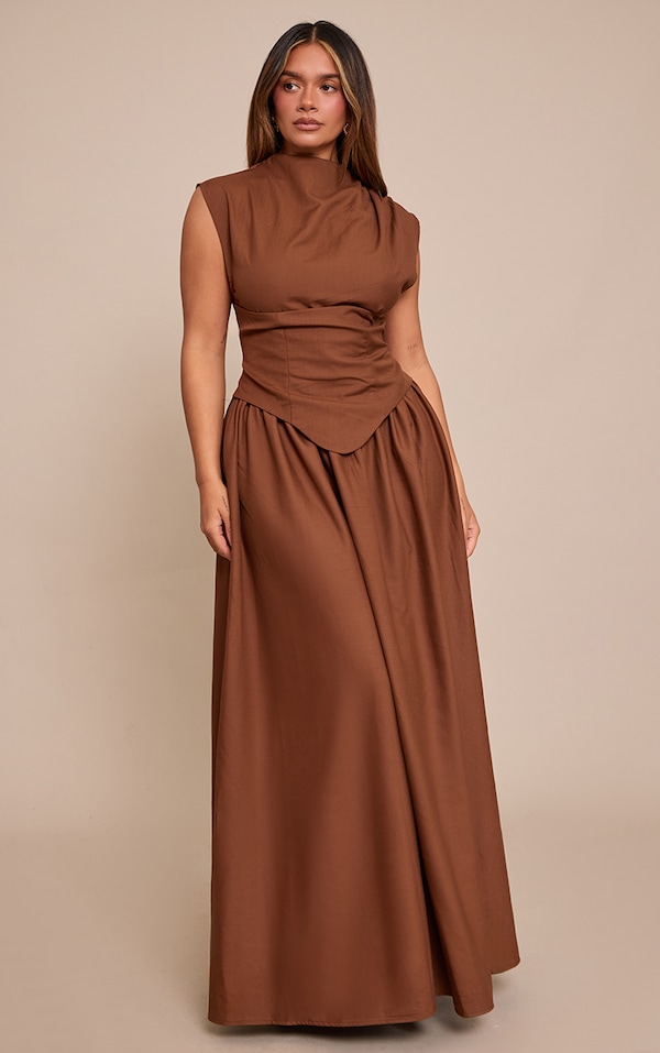 Shape Chocolate Woven High Neck Corseted Maxi Shift Dress