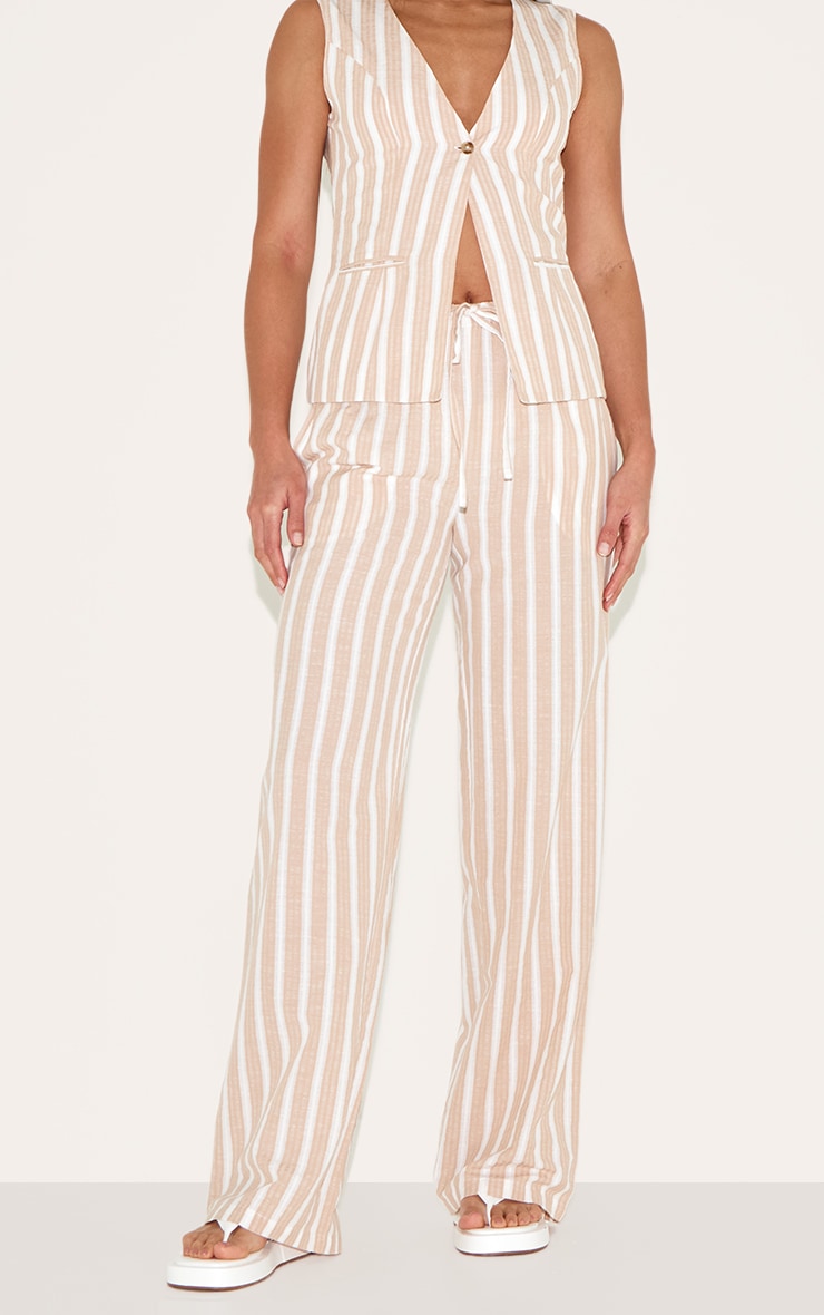 Tall Sand Linen Look Striped Drawstring Wide Pants image 2