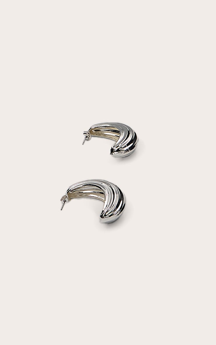 Silver Curved Textured Hollow Hoop Earrings image 3