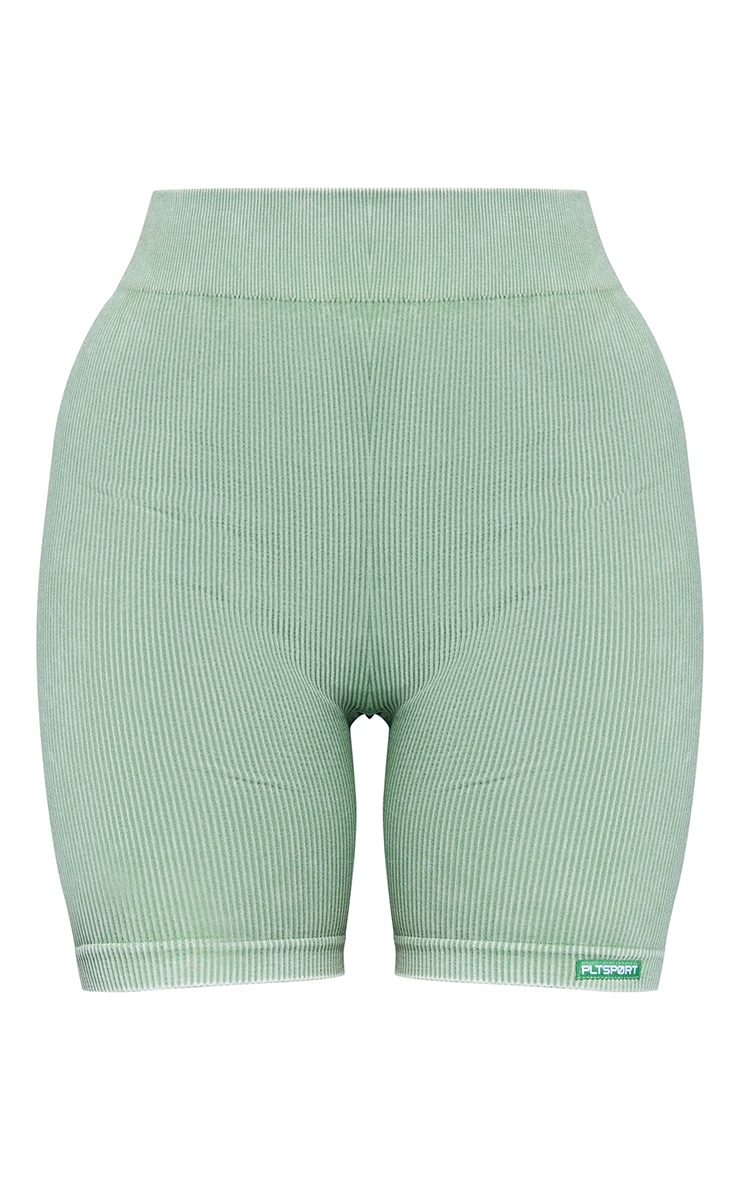 Khaki Acid Wash Seamless Rib Ruched Bum Booty Shorts image 5