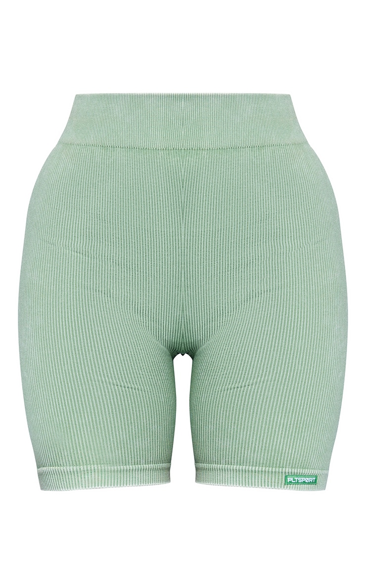 Khaki Acid Wash Seamless Rib Ruched Bum Booty Shorts image 5