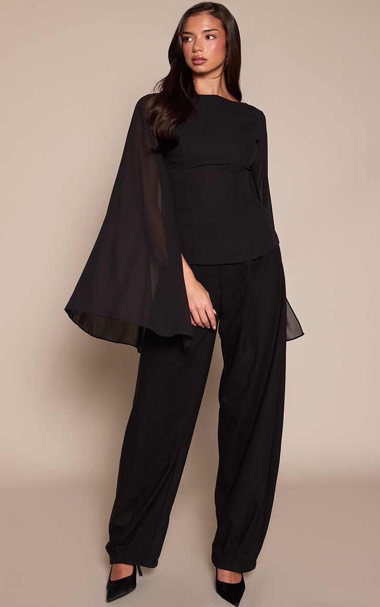 Black Chiffon Flare Sleeve Cape Detail Top   image 3