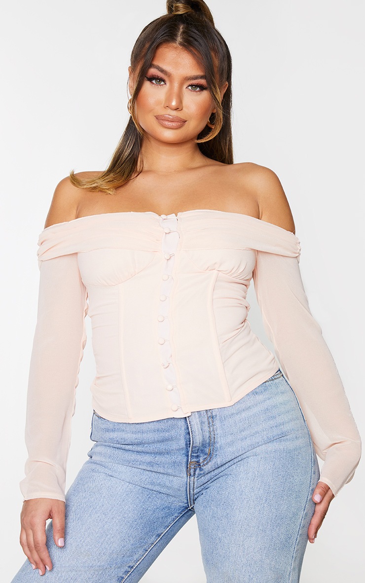 Blush Pink Chiffon Bardot Draped Button Front Blouse