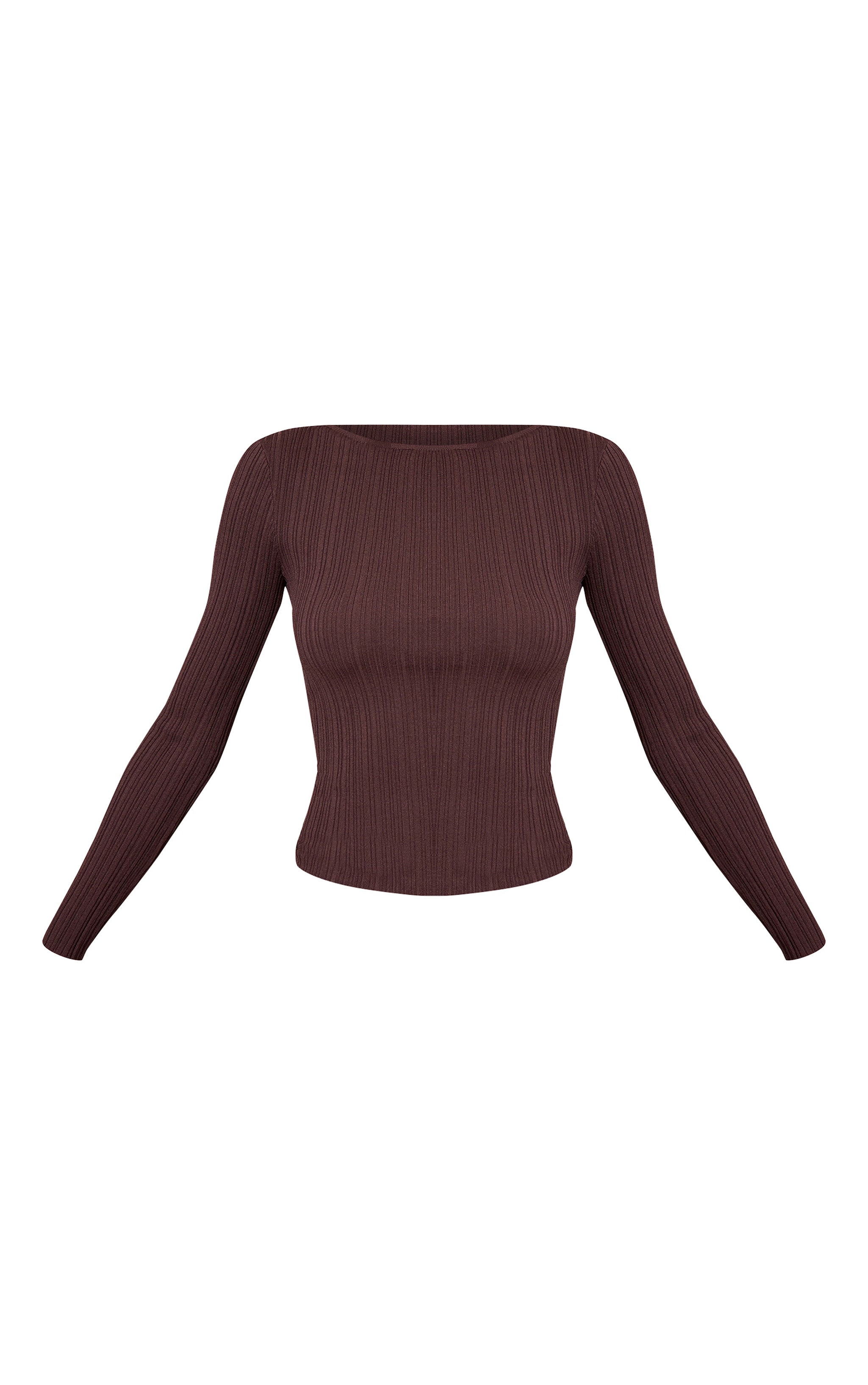 Top en maille tricot fine côtelée chocolat à col bateau image 5
