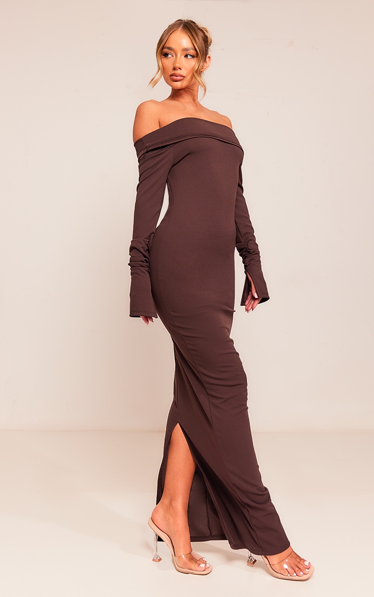 Chocolate Crepe Long Sleeve Bardot Maxi Dress image 3