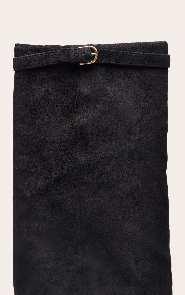 Black Faux Suede Fold Over Heeled Knee High Boot image 5