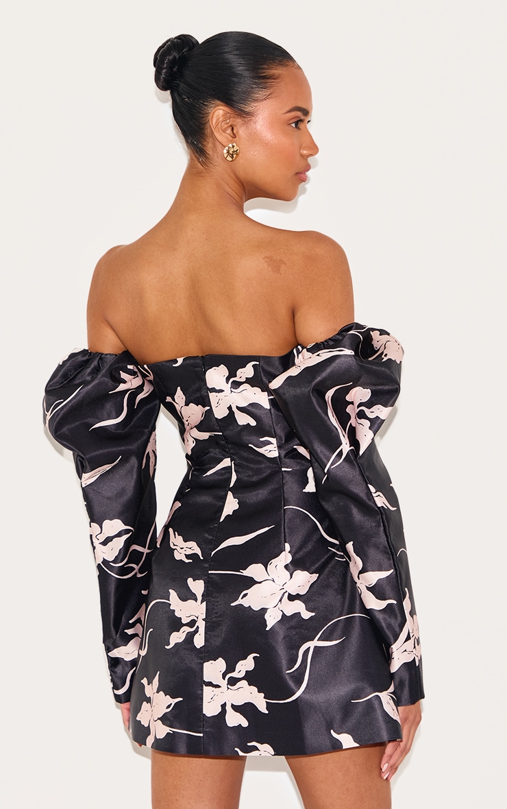 Black Floral Print Oversized Puff Sleeve A Line Shift Dress image 2