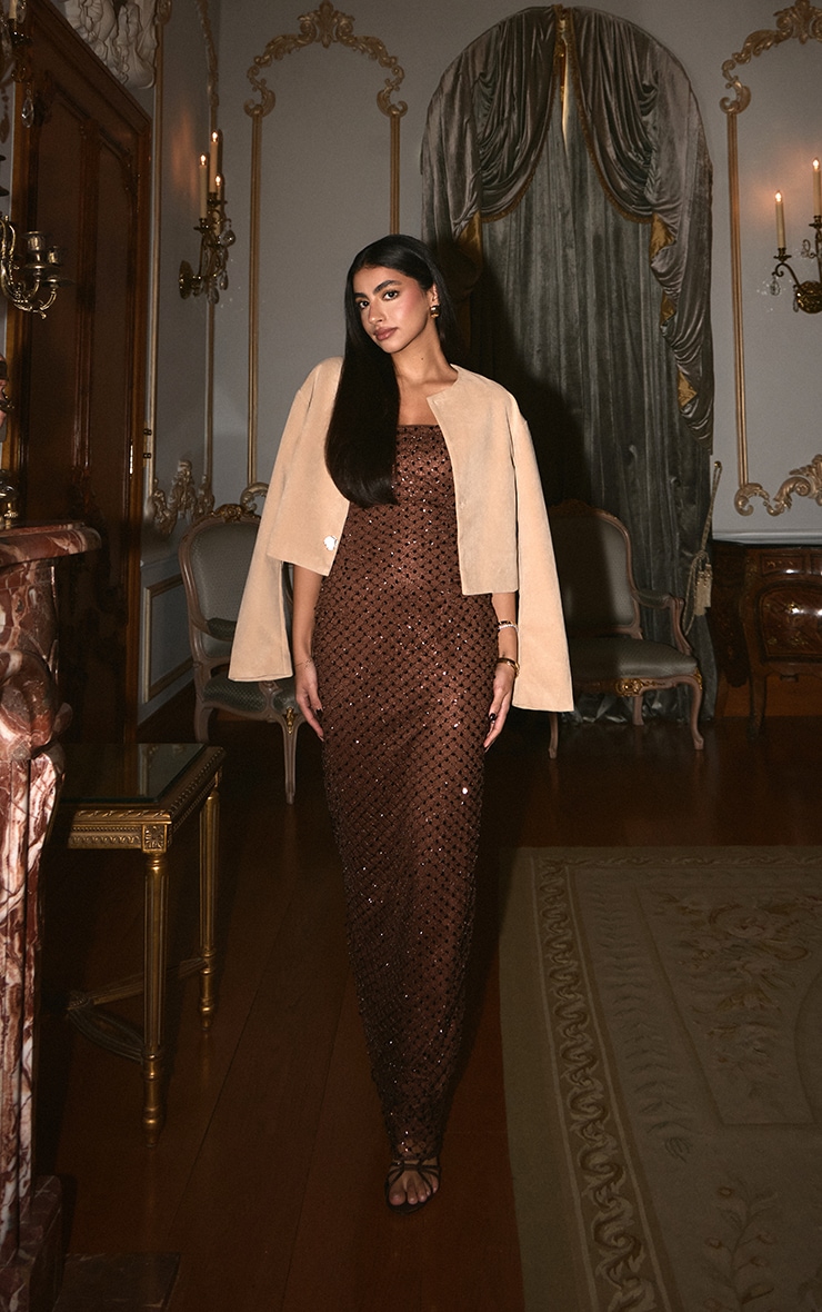 Sand Round Neck Gold Button Suede Jacket image 3