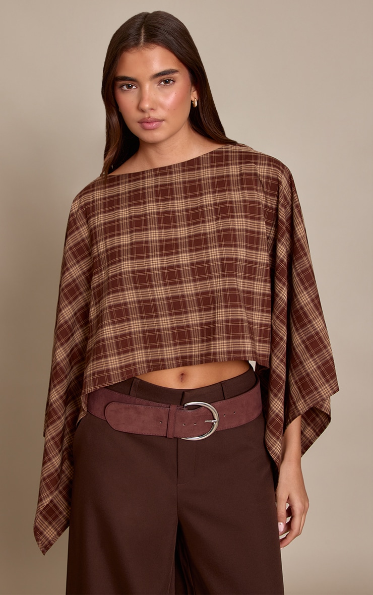 Brown Check Woven Cape Style Top image 1