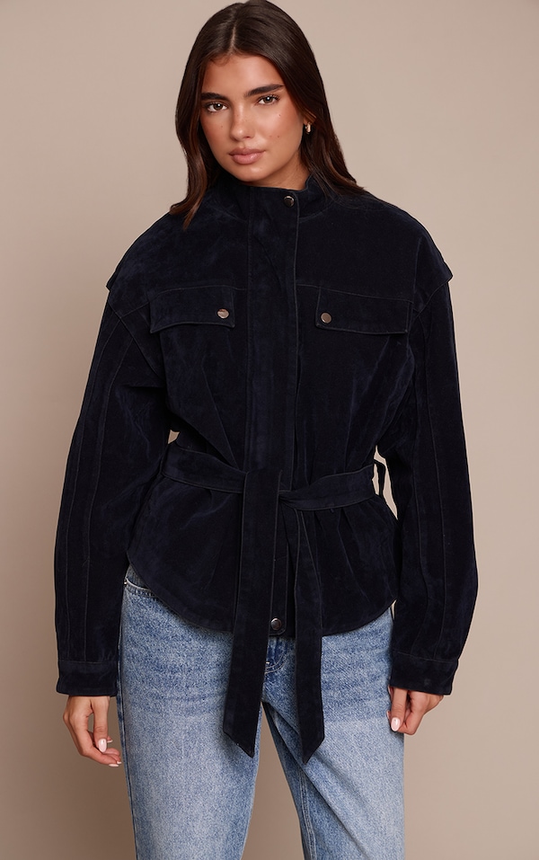 Navy Faux Suede Belted Drop Waist Jacket
