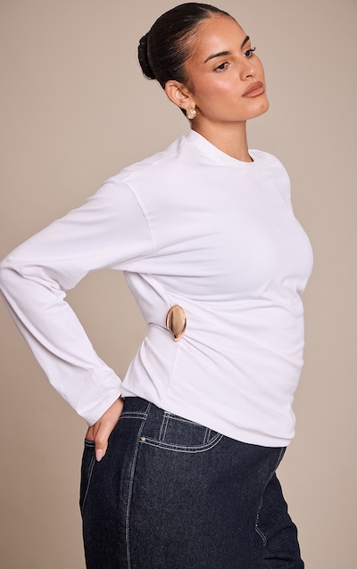 Plus White Cotton Side Trim Detail Long Sleeve T-shirt