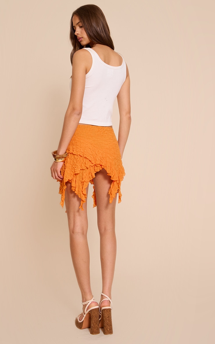 Orange Sheer Textured Jersey Handkerchief Hem Mini Skirt image 3