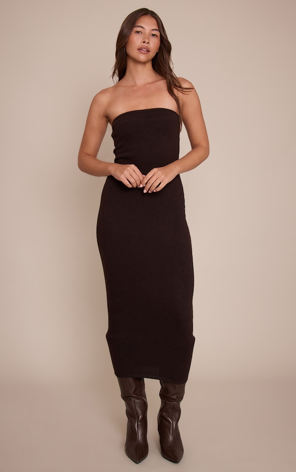Chocolate Bandeau Knitted Midi Dress 