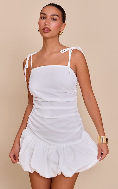 White Ruched Detail Strappy Puffball Dress
