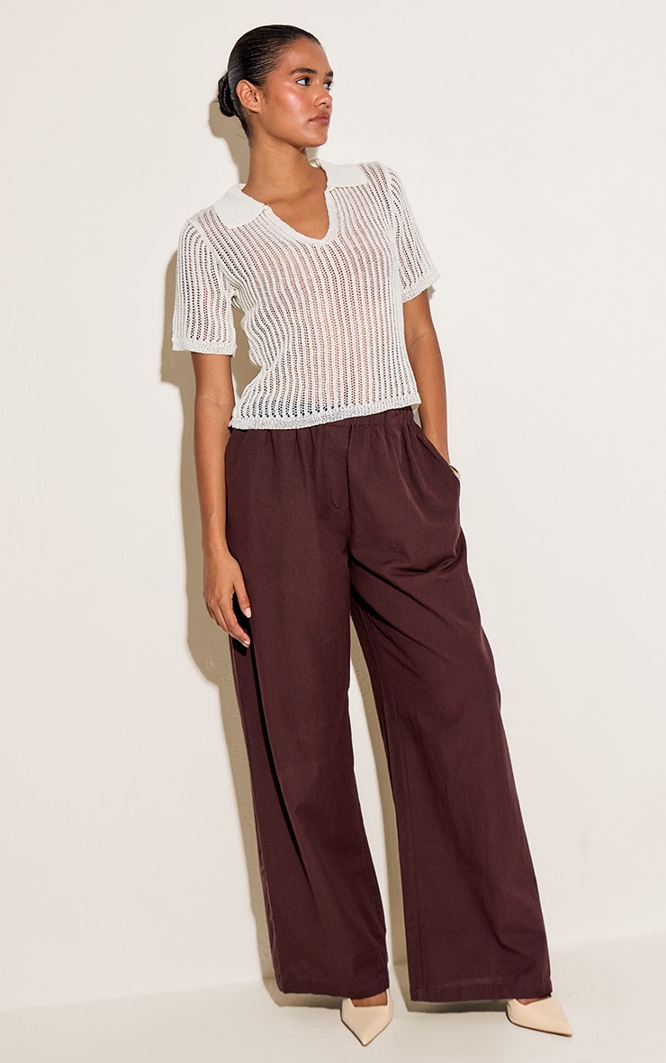 Top polo en maille tricot crème à col en V image 3