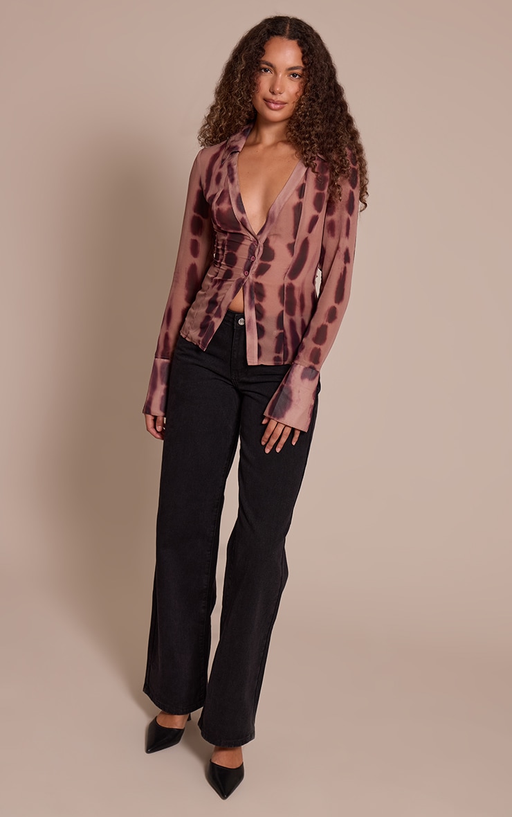 Tall Khaki Printed Mesh Button Front Blouse image 3