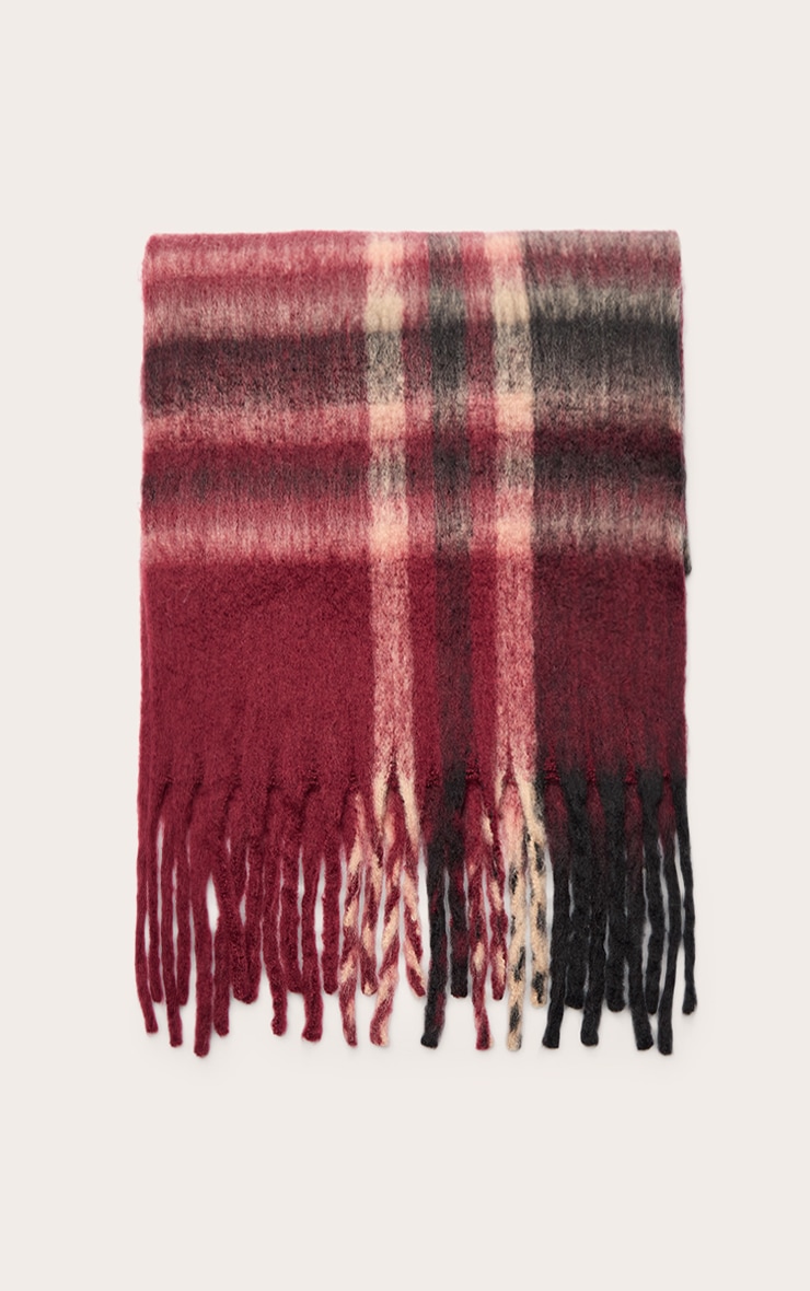 Burgundy Plaid Tassel Scarf image 2
